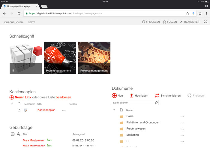 Office365_Startseite Screenshot Intranet mit Office 365